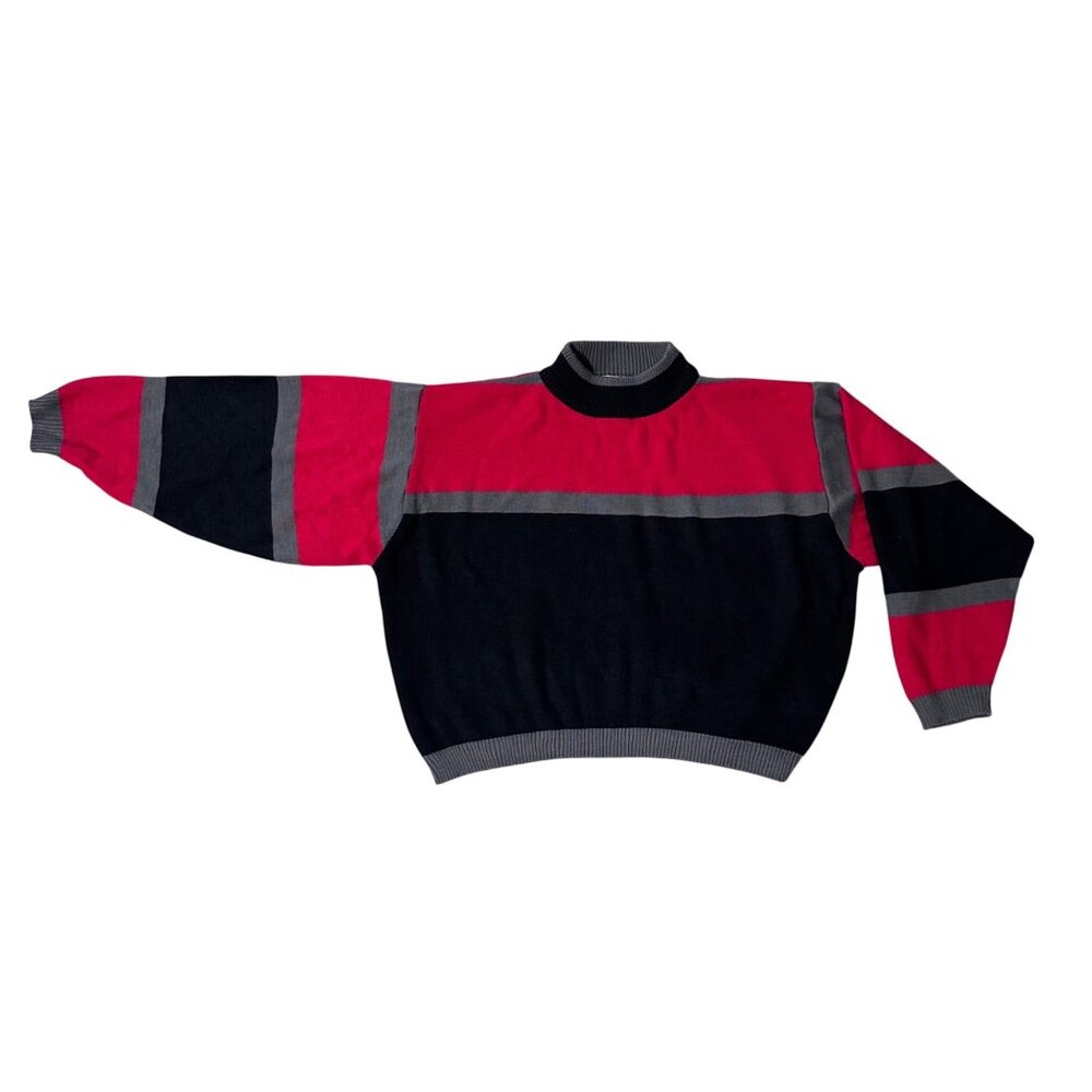 Vintage Colorblock Sweater Large Red Black Gray Acrylic Retro Hollywood Vine 80s - Picture 2 of 6
